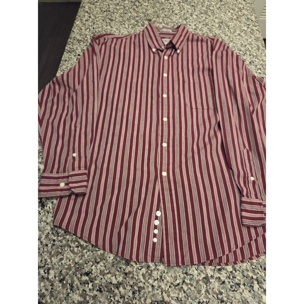 Sun River Mens Large Burgundy Striped Button Down Shirt Wrinkle Stain Resistant